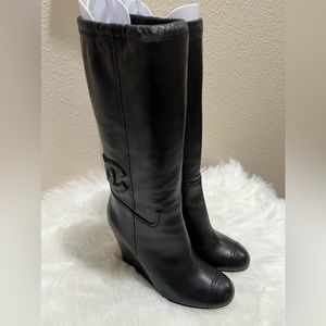 Chanel Leather CC Crystal Embellished Black Wedge Heels Calf Boots